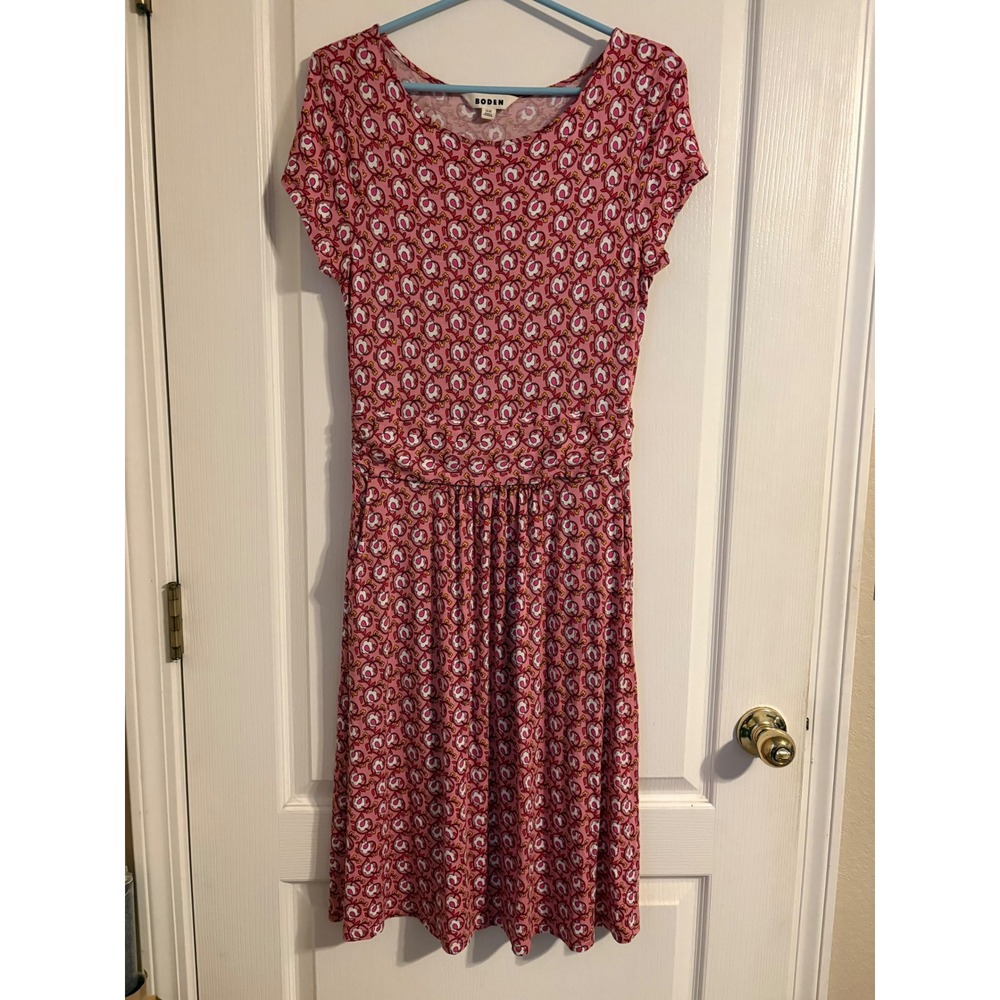 Boden Jersey Dress Women 8R Pink Excellent Floral Medallion Short Sleeve Pockets
